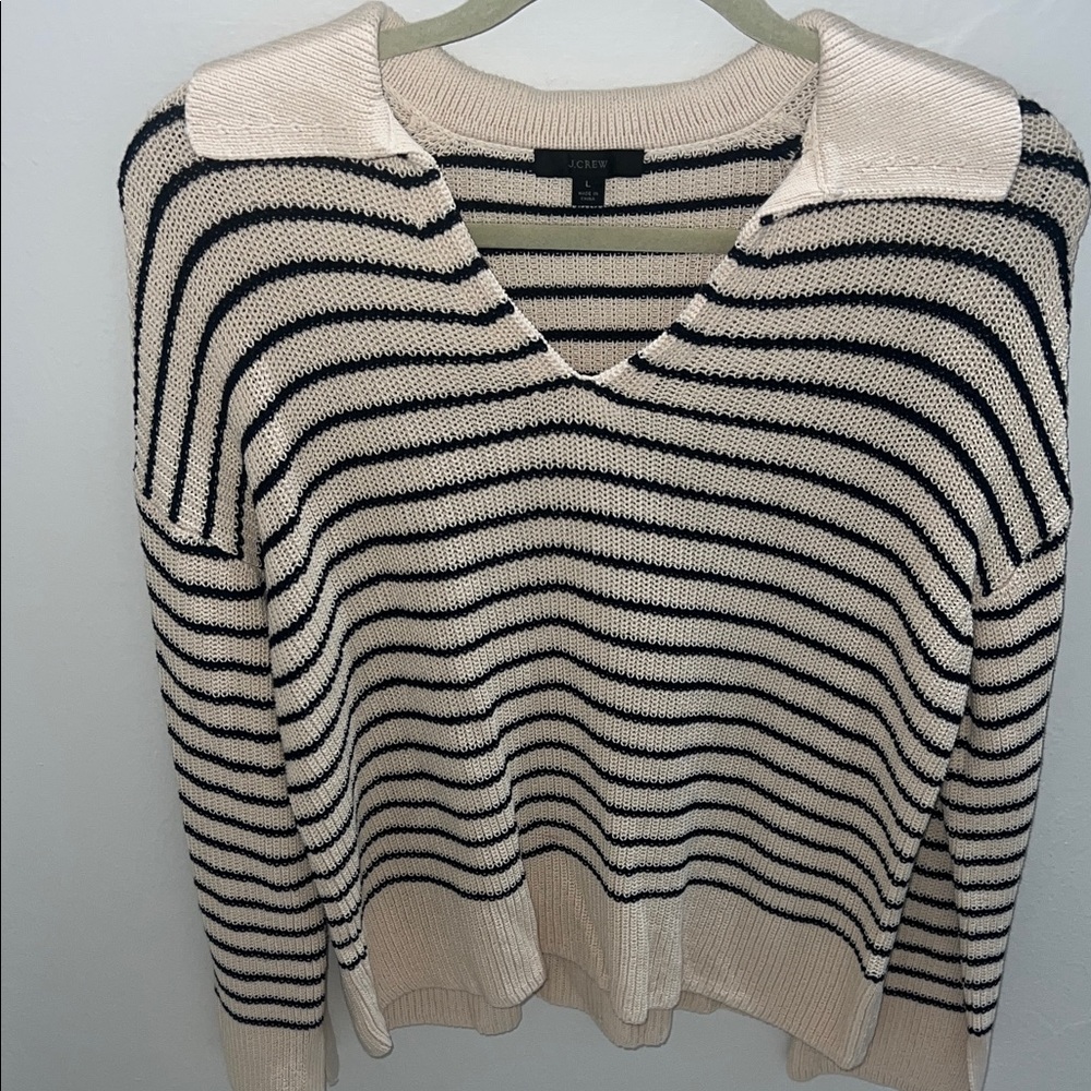 J. Crew Women's V-Neck Striped Sweater - Black and Cream size large
